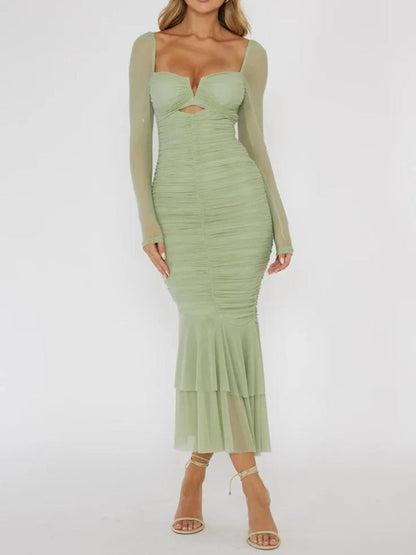 Sweetheart Cutout Ruched Sheer Sleeve Mermaid Tiered Flounce Midi Dress