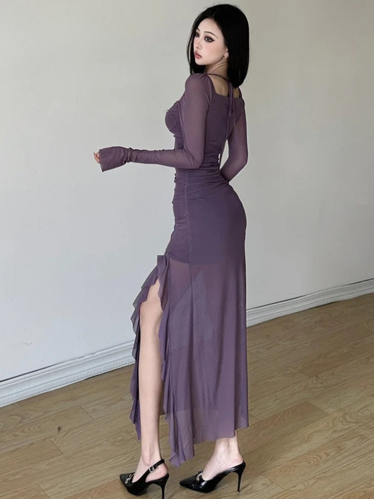 Sweetheart Neck Long Sleeve Ruched Sheer Mesh Ruffle Side Maxi Dress