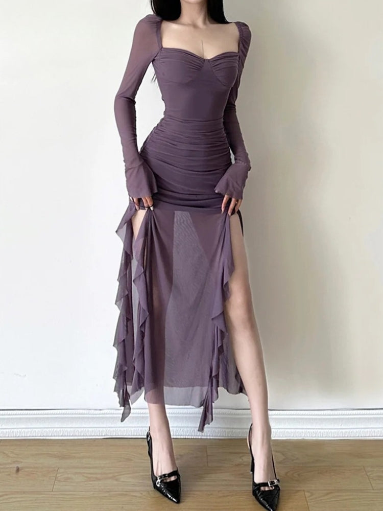 Sweetheart Neck Long Sleeve Ruched Sheer Mesh Ruffle Side Maxi Dress
