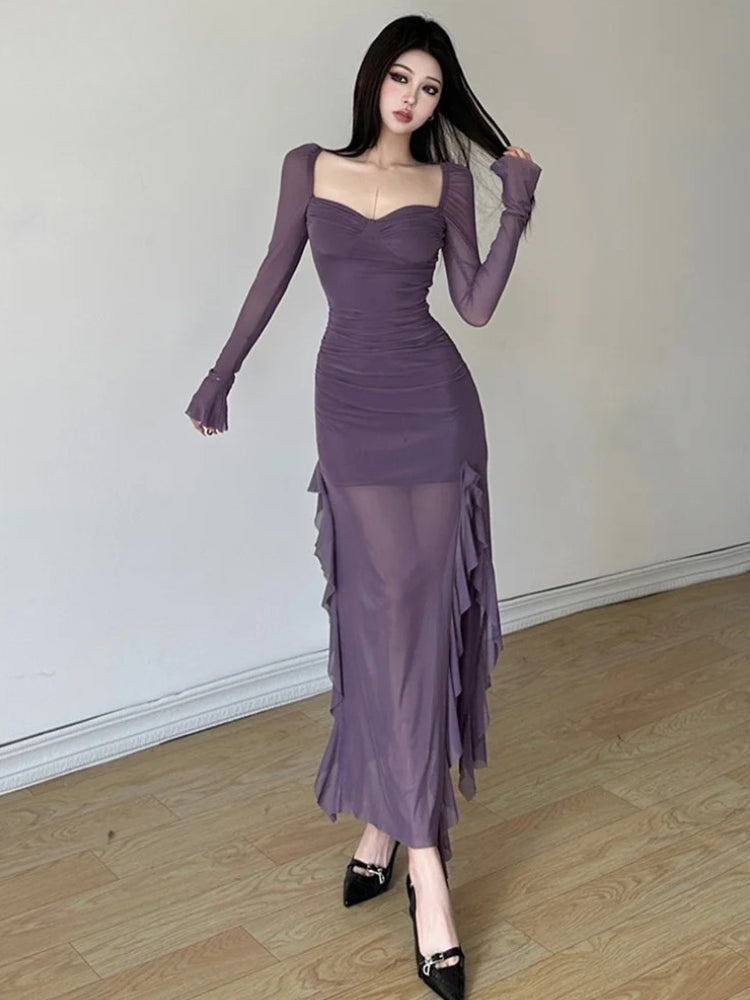 Sweetheart Neck Long Sleeve Ruched Sheer Mesh Ruffle Side Maxi Dress