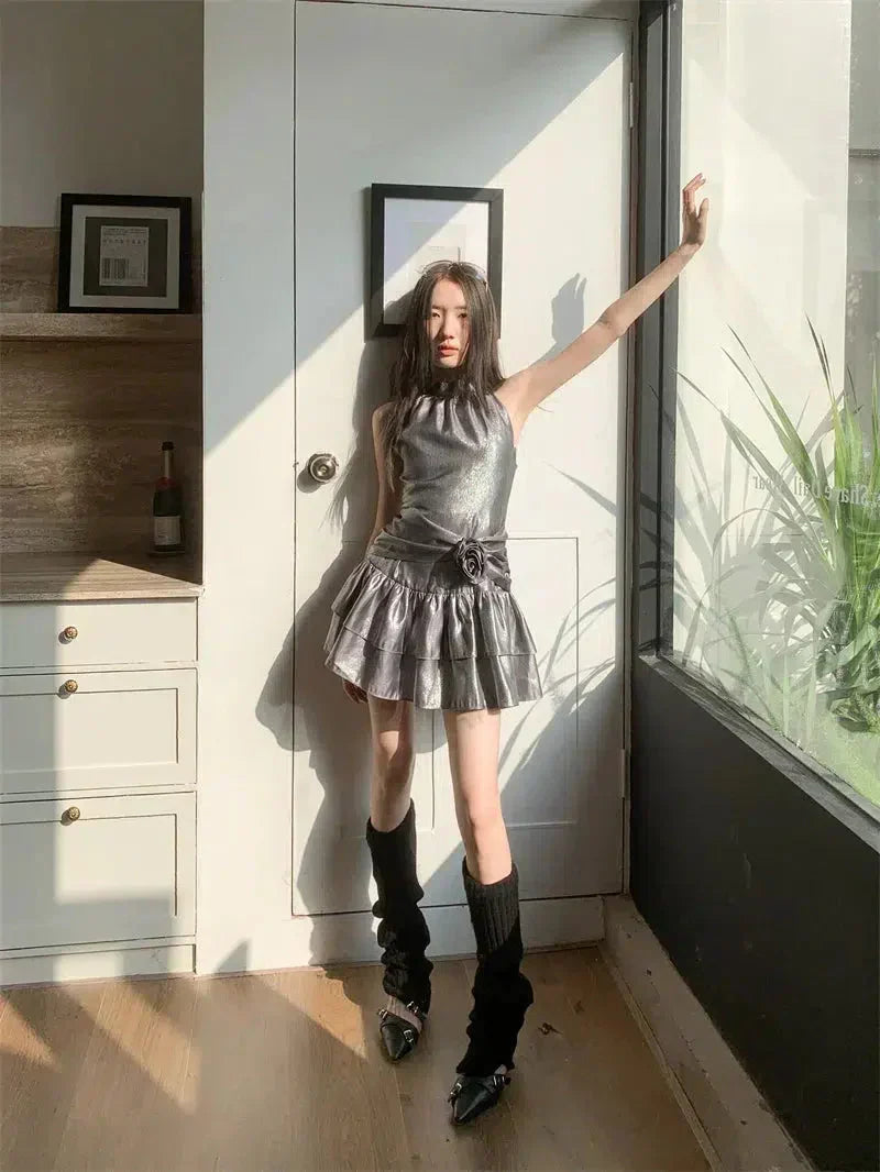 Mock Neck Rosette Drop Waist Tiered Ruffle Metallic Mini Dress