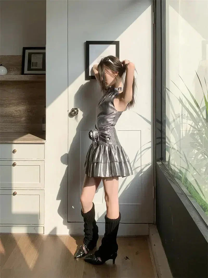 Mock Neck Rosette Drop Waist Tiered Ruffle Metallic Mini Dress
