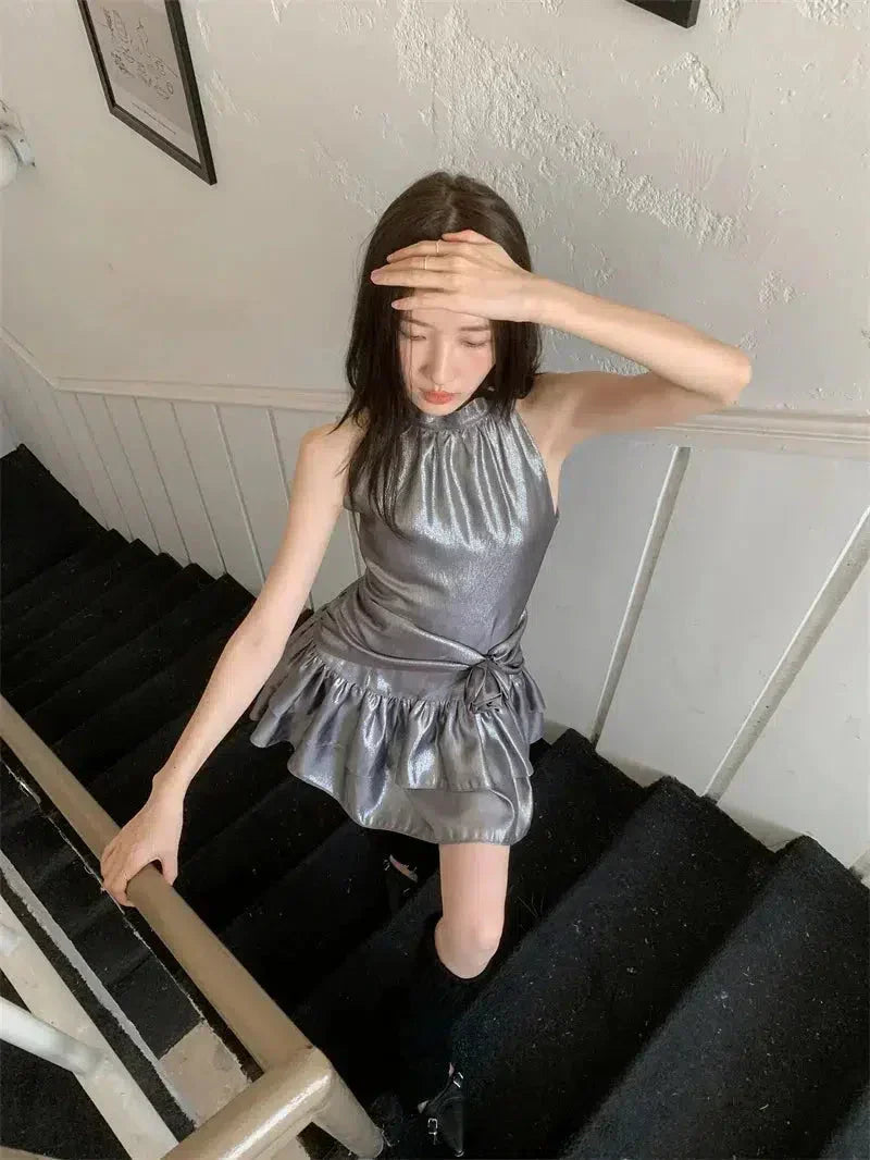 Mock Neck Rosette Drop Waist Tiered Ruffle Metallic Mini Dress
