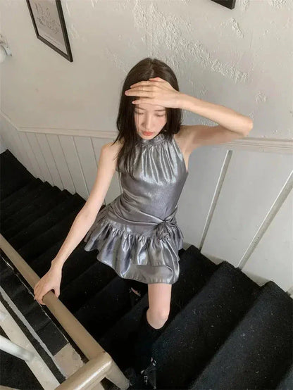 Mock Neck Rosette Drop Waist Tiered Ruffle Metallic Mini Dress