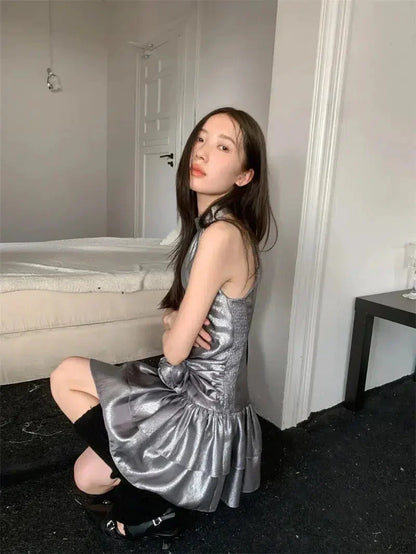 Mock Neck Rosette Drop Waist Tiered Ruffle Metallic Mini Dress