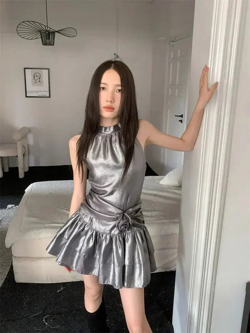 Mock Neck Rosette Drop Waist Tiered Ruffle Metallic Mini Dress
