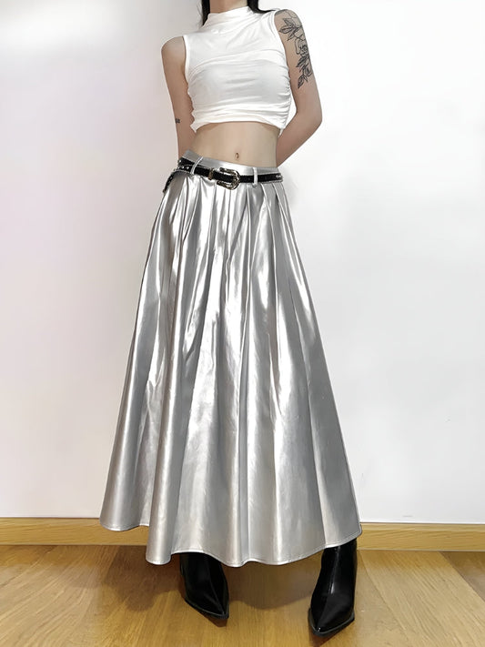 Sleeveless Mock Neck Ruched Crop Top Metallic Pleated Maxi Skirt Set