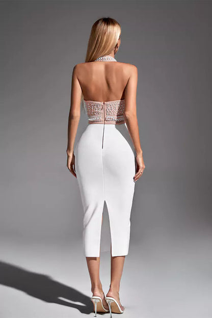 Mia White Pearl Halter Bandage Dress