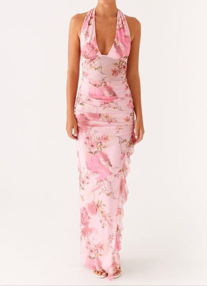 Elena Halter Maxi Dress - Pink Floral Print