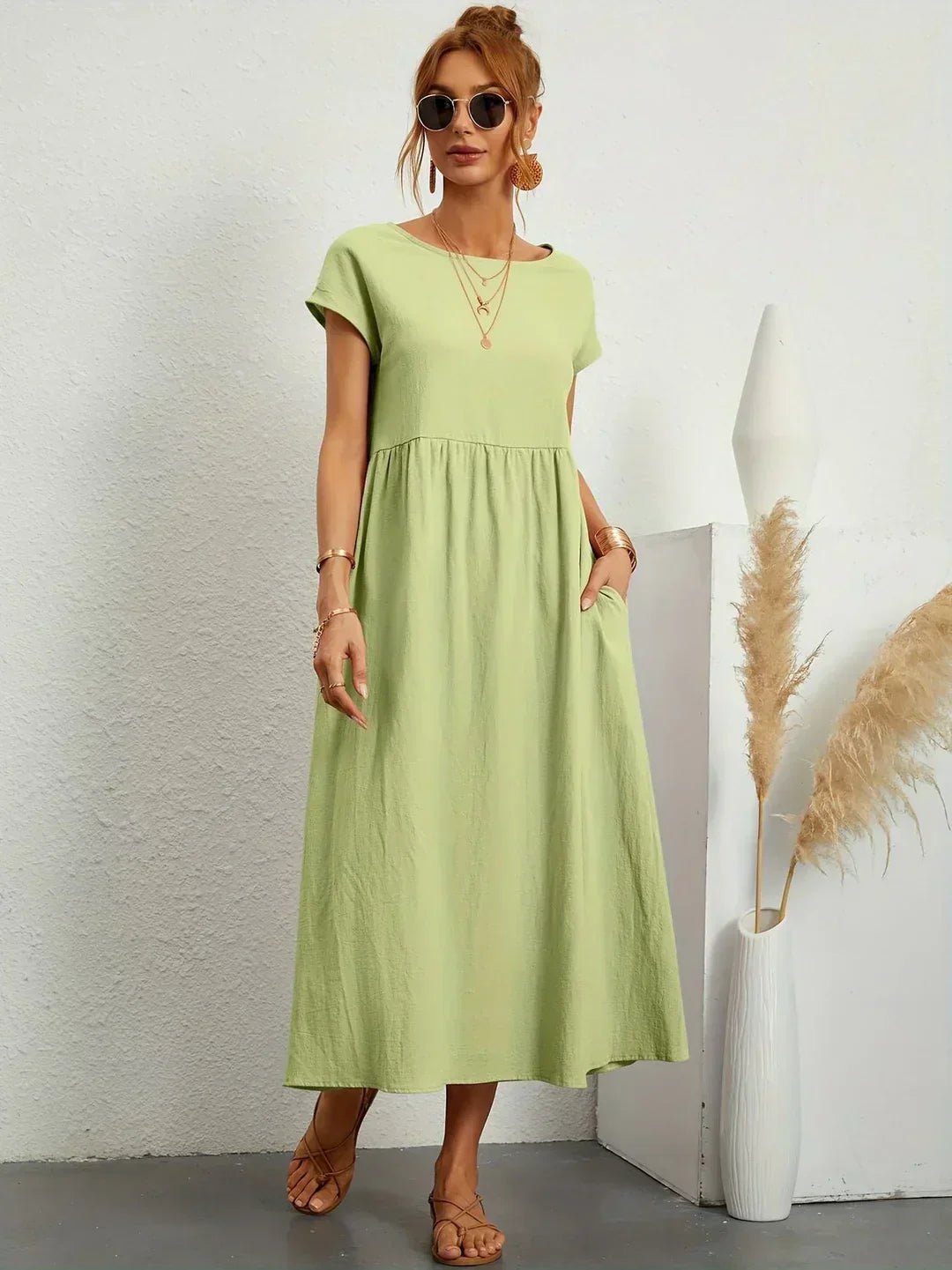 Women's Round Neck Loose-Fit Midi Summer Dress – Lightweight Casual Dress