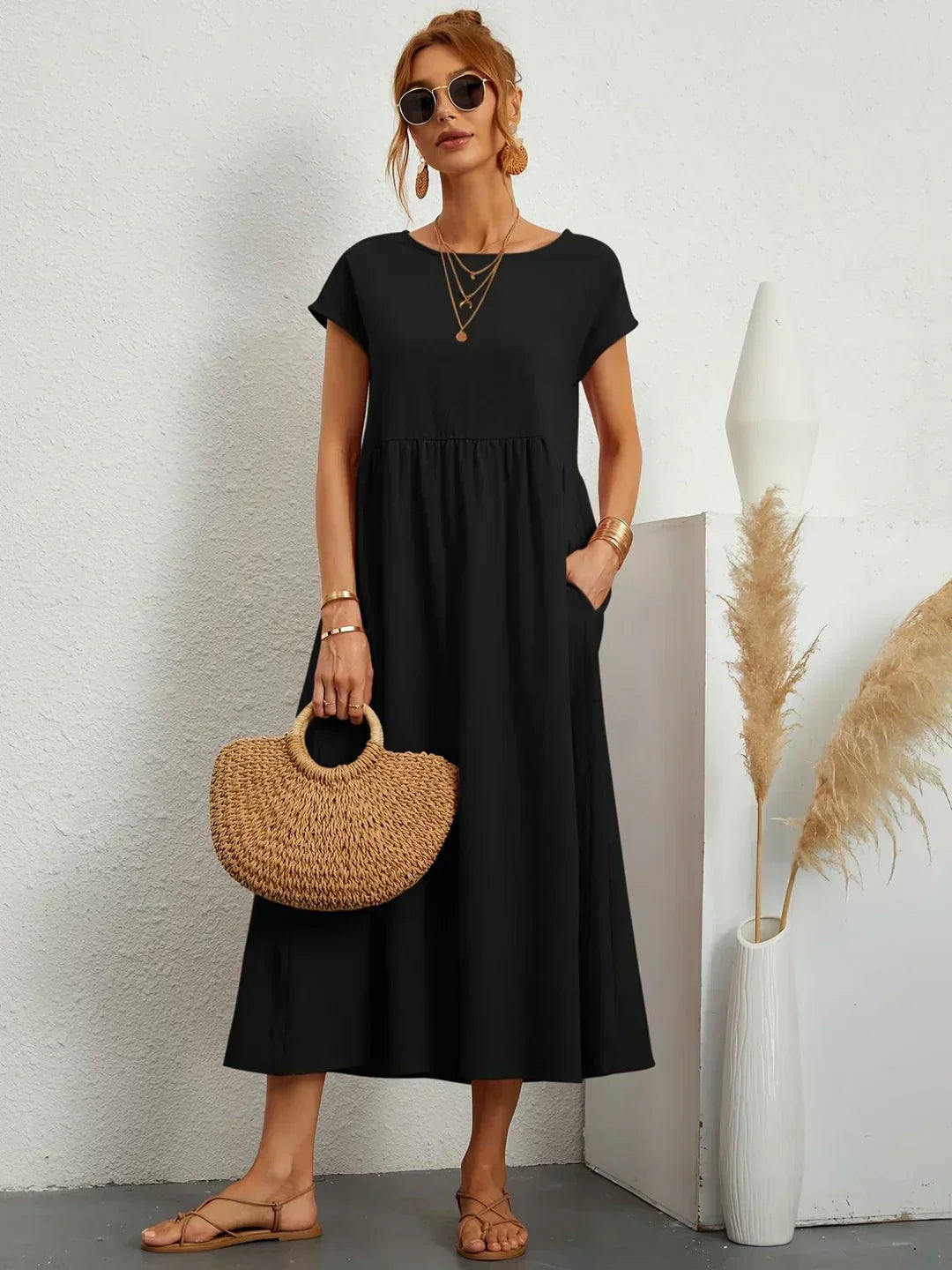 Women's Round Neck Loose-Fit Midi Summer Dress – Lightweight Casual Dress