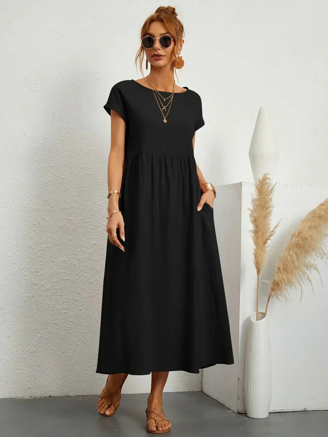 Women's Round Neck Loose-Fit Midi Summer Dress – Lightweight Casual Dress