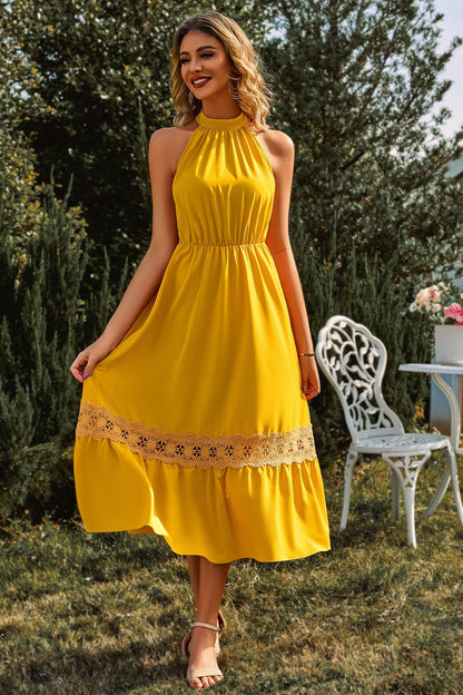 High Collar Sleeveless Lace Hem Midi Dress