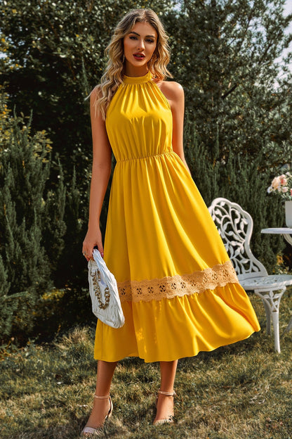 High Collar Sleeveless Lace Hem Midi Dress