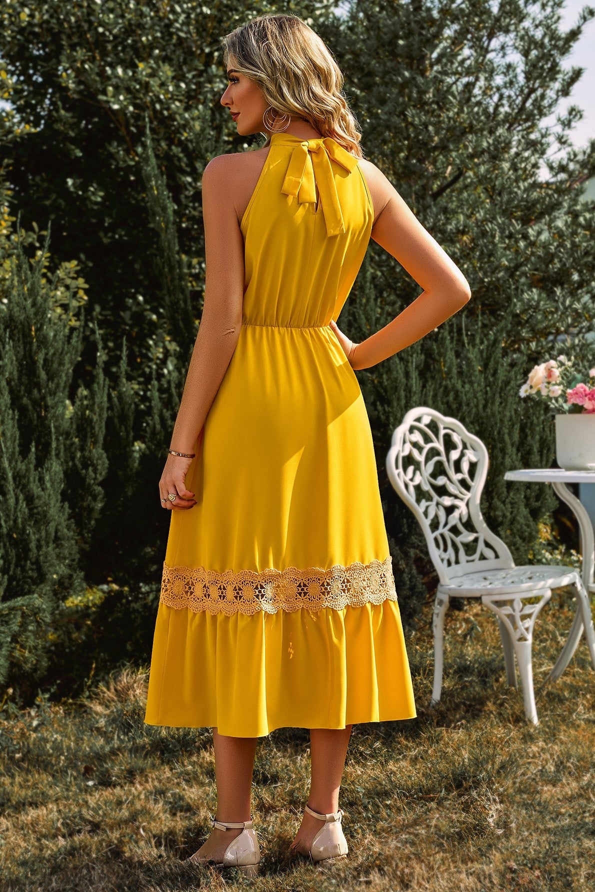 High Collar Sleeveless Lace Hem Midi Dress