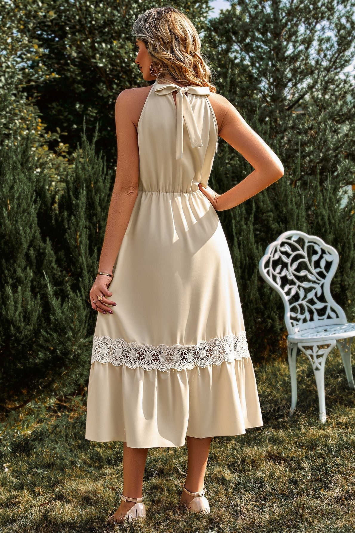 High Collar Sleeveless Lace Hem Midi Dress