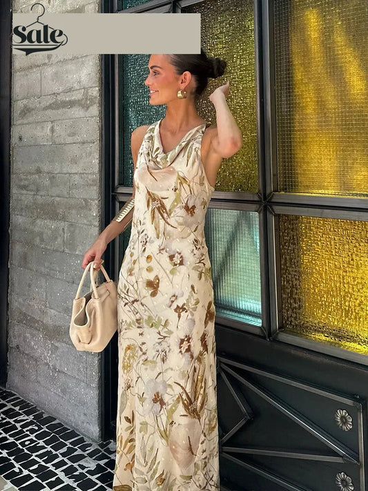 Printed Cowl Neck Fit & Flare Maxi Dress