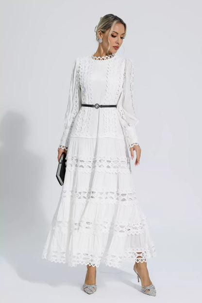 Mikayla White Hollow Ruffle Maxi Dress