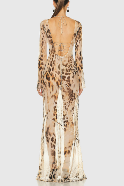 Milada Leopard Backless Silk Maxi Dress