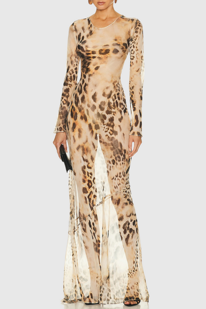 Milada Leopard Backless Silk Maxi Dress