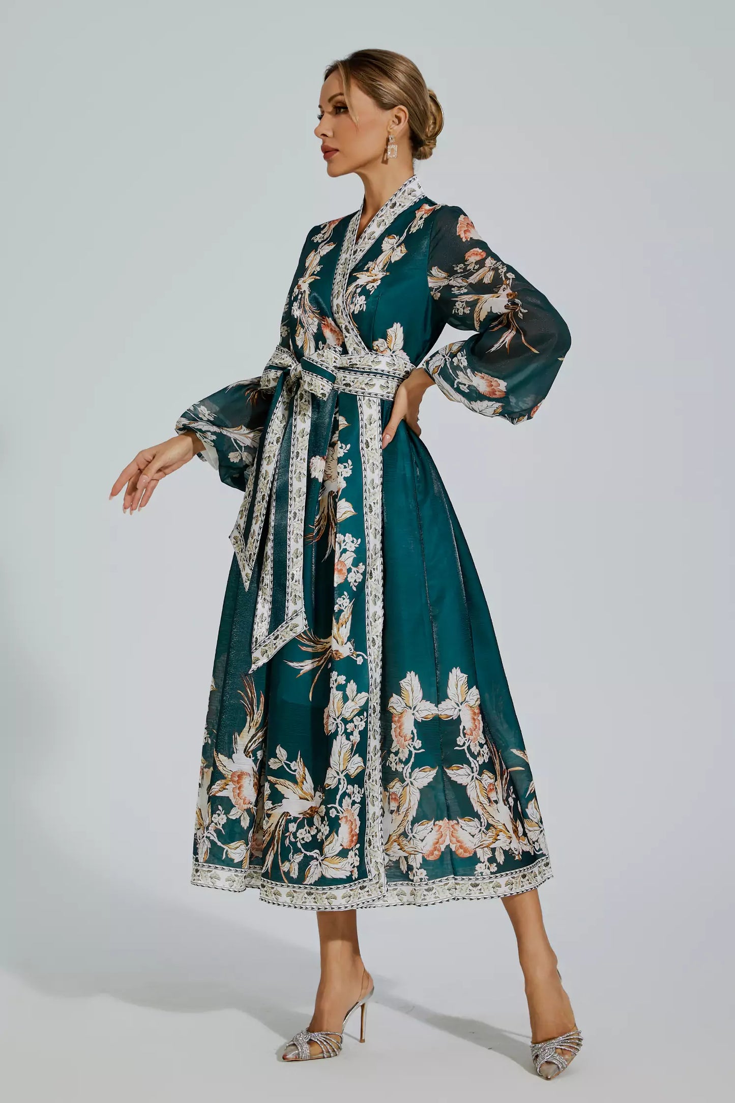 Miley Green Floral Belted Long Sleeve Dress