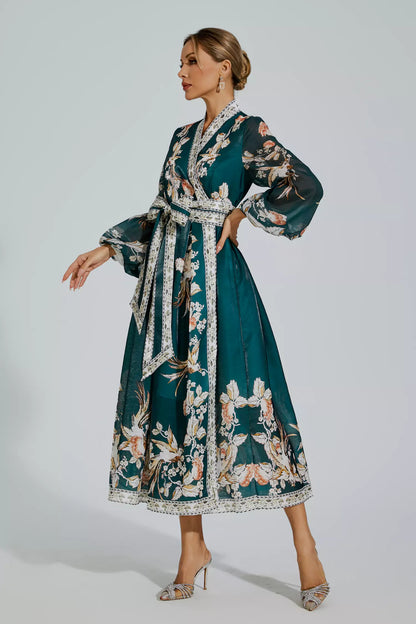 Miley Green Floral Belted Long Sleeve Dress