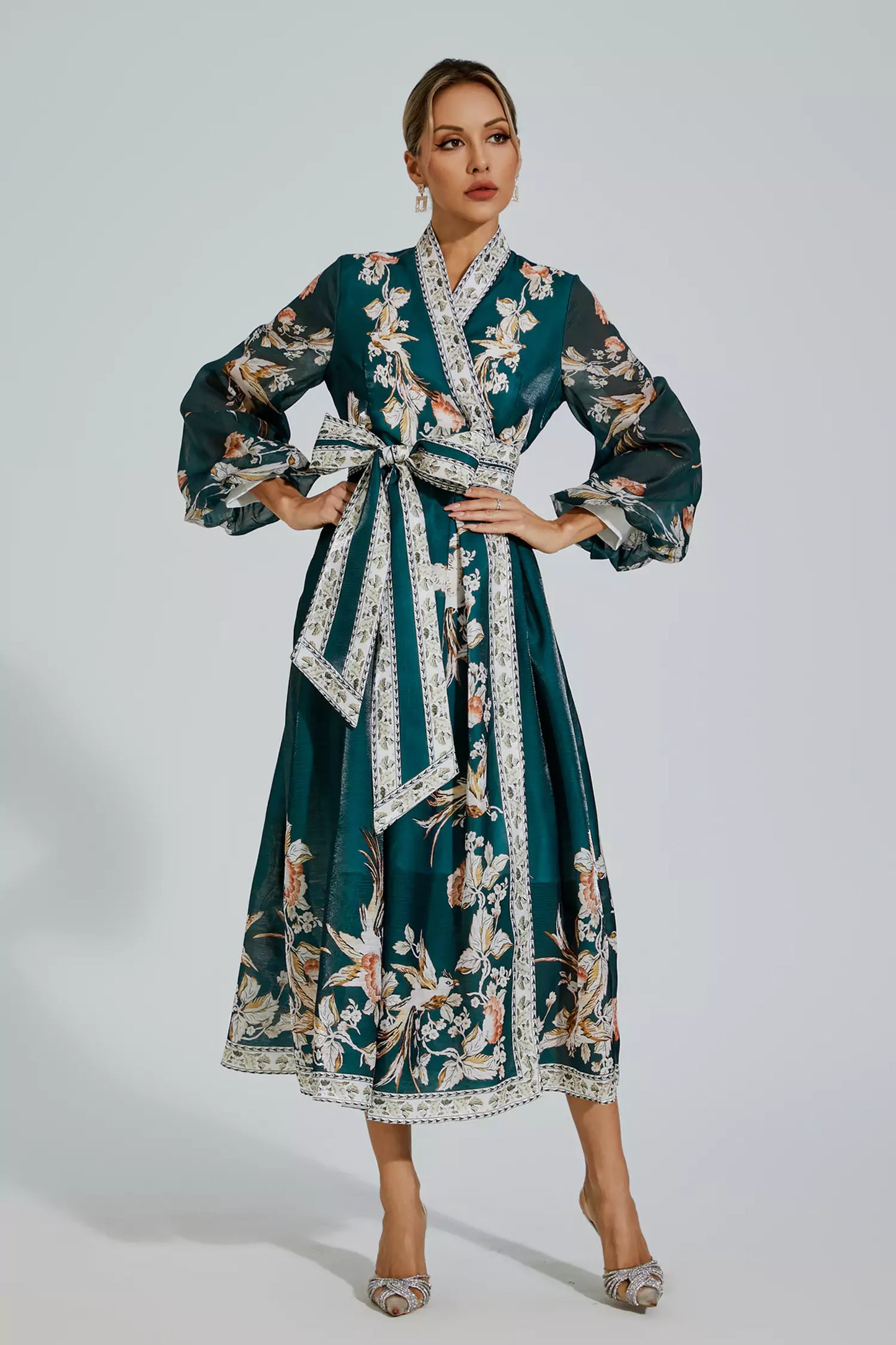 Miley Green Floral Belted Long Sleeve Dress