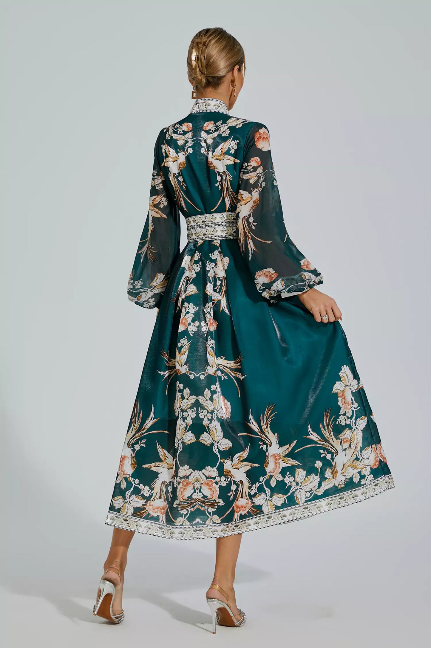 Miley Green Floral Belted Long Sleeve Dress