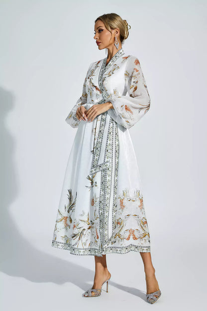 Miley White Floral Belted Long Sleeve Dress