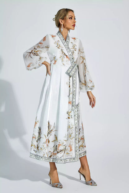 Miley White Floral Belted Long Sleeve Dress