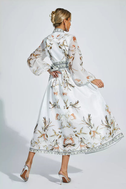 Miley White Floral Belted Long Sleeve Dress