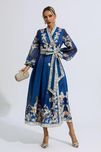 Miley Blue Floral Belted Long Sleeve Dress