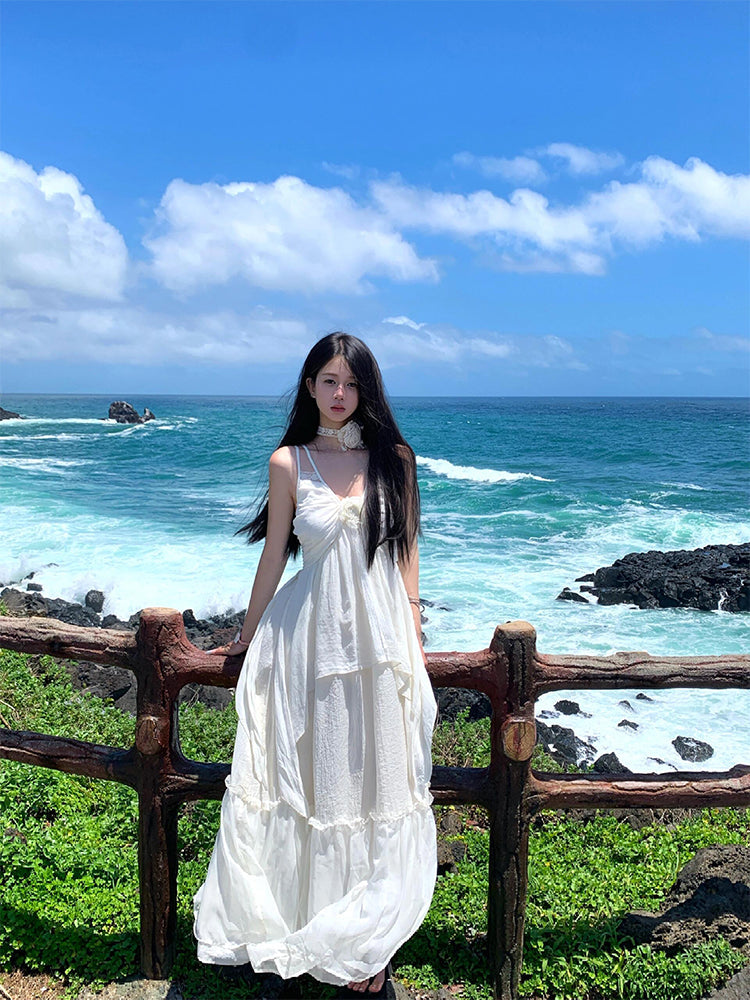 Minimalist White Spaghetti Strap Maxi Dress Chic Island Getaway Look