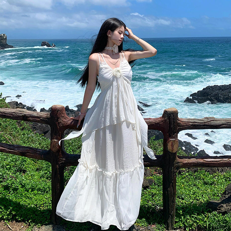 Minimalist White Spaghetti Strap Maxi Dress Chic Island Getaway Look