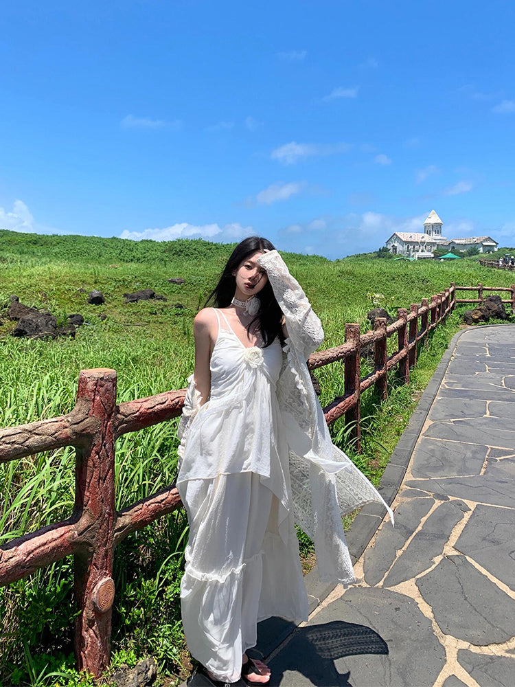 Minimalist White Spaghetti Strap Maxi Dress Chic Island Getaway Look