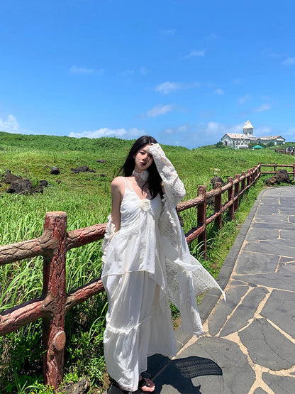 Minimalist White Spaghetti Strap Maxi Dress Chic Island Getaway Look