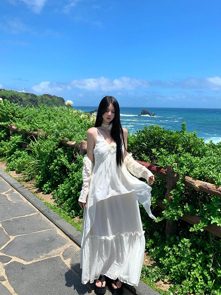 Minimalist White Spaghetti Strap Maxi Dress Chic Island Getaway Look