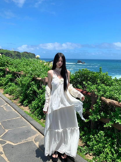 Minimalist White Spaghetti Strap Maxi Dress Chic Island Getaway Look