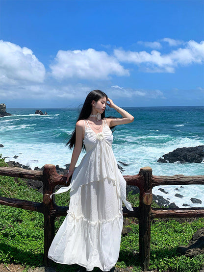 Minimalist White Spaghetti Strap Maxi Dress Chic Island Getaway Look