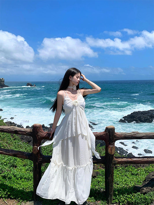 Minimalist White Spaghetti Strap Maxi Dress Chic Island Getaway Look