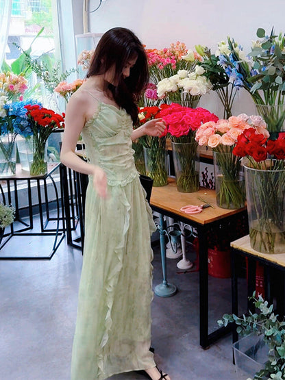 Mint Green Beach Strappy Dress · Ruffled Design, Dreamy Elegant Maxi