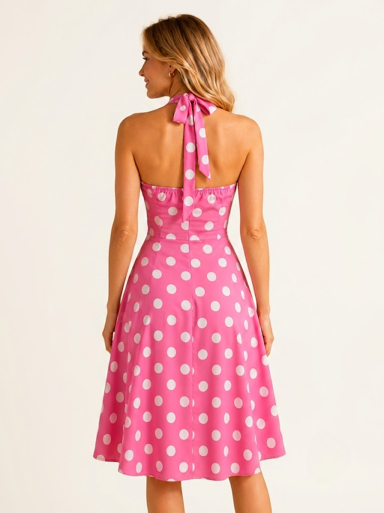 Vintage Chic Pink Polka Dot Halter Midi Dress
