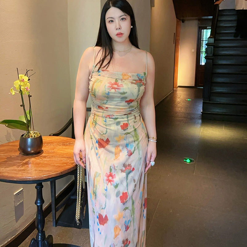 Monet Garden Crinkled Floral Slip Dress Plus-Size