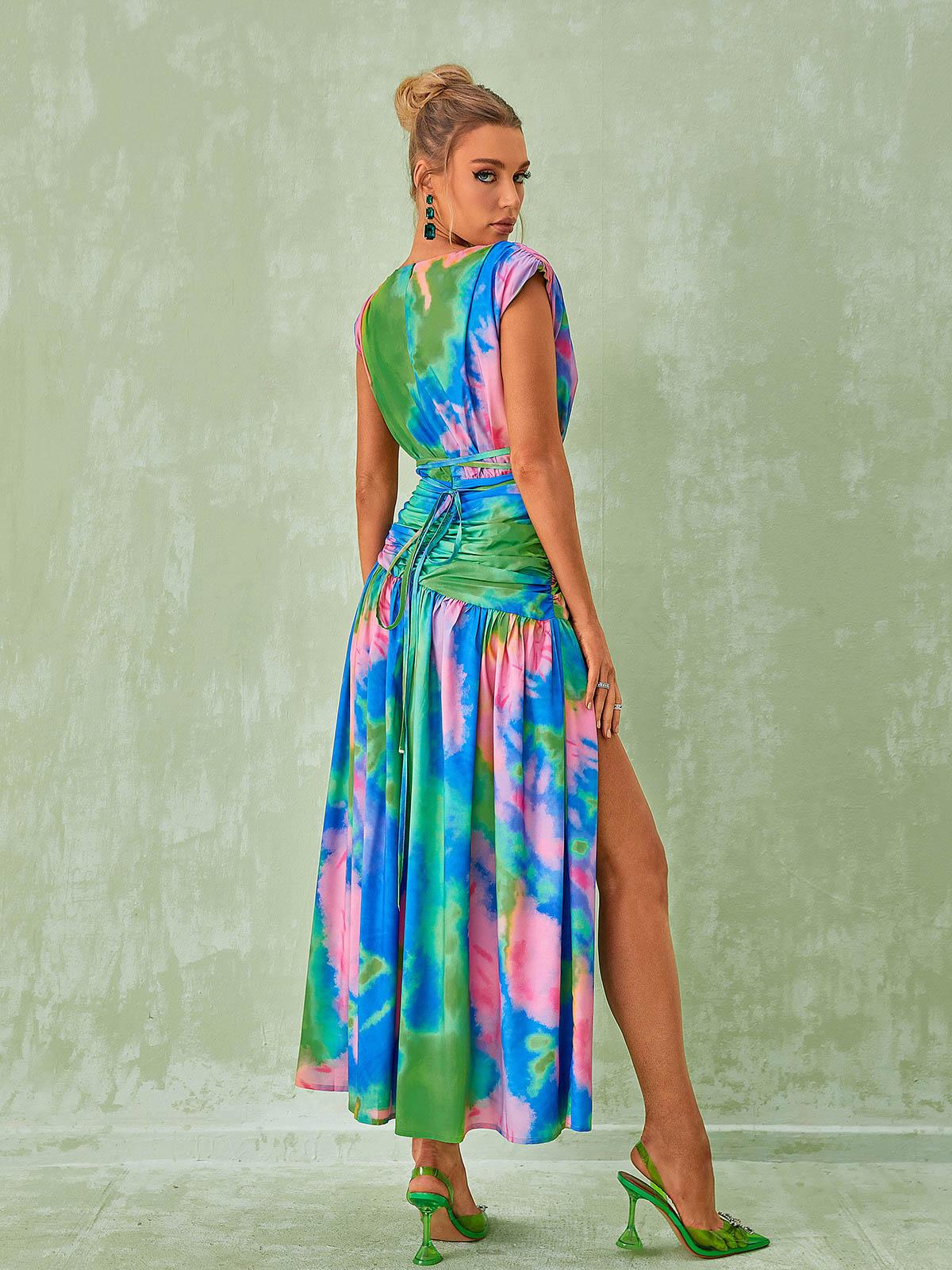 Deep V Wrap Waist Abstract Print Ruched Midi Dress