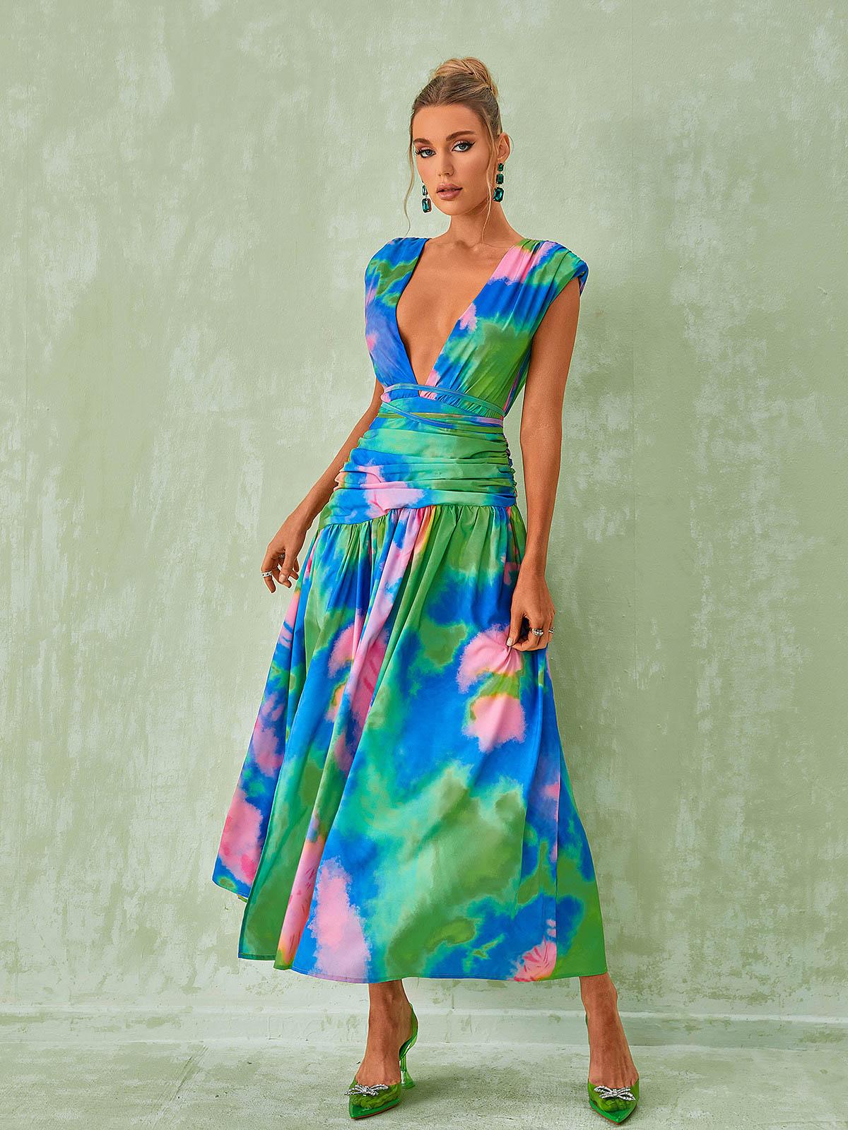Deep V Wrap Waist Abstract Print Ruched Midi Dress