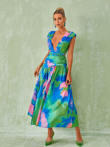 Deep V Wrap Waist Abstract Print Ruched Midi Dress