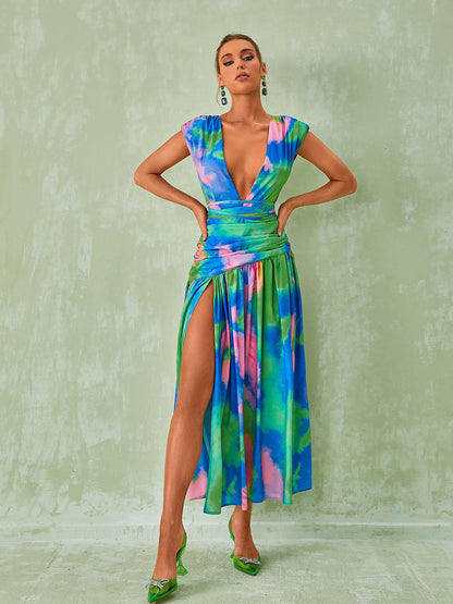 Deep V Wrap Waist Abstract Print Ruched Midi Dress