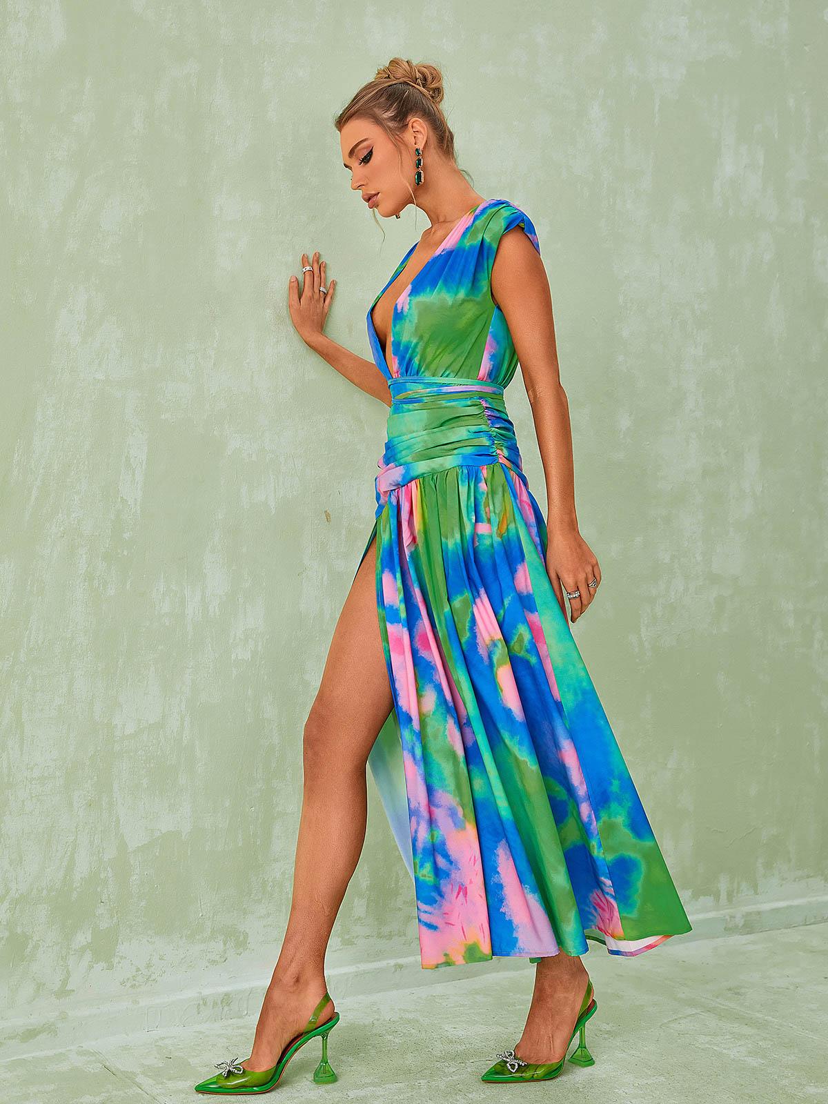Deep V Wrap Waist Abstract Print Ruched Midi Dress