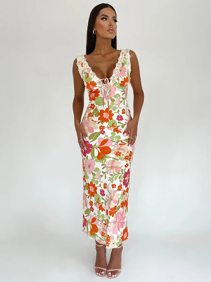 Floral Print Backless V-neck Bodycon Maxi Floral Dress