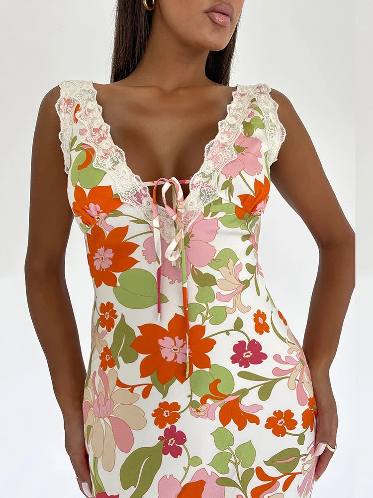 Floral Print Backless V-neck Bodycon Maxi Floral Dress